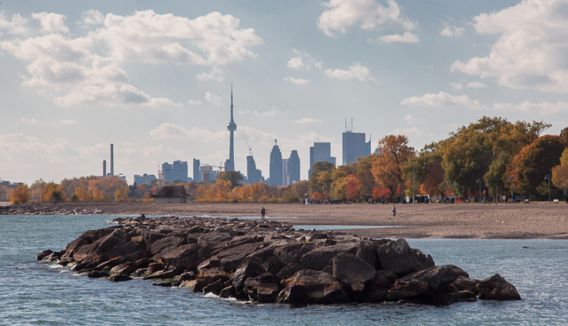 Toronto Beaches with view of rock and CN tower in autumn