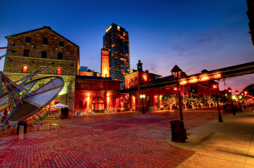 Distillery District at night with orange lights