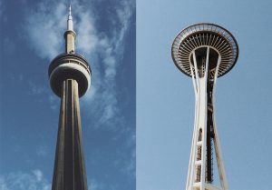 Seattle’s space needle on the left and Toronto’s CN tower on the right.