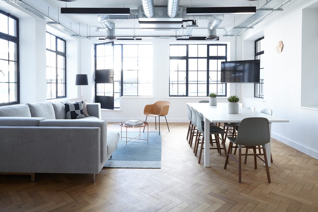 Modern, minimalist themed living room on the upper floor