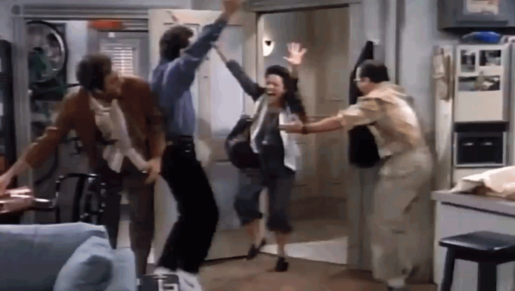 Cast of Seinfeld do a happy dance