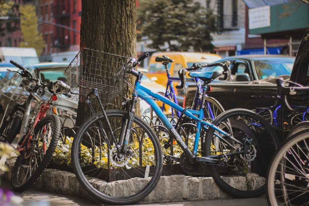 bicycles propped up against a tree on the sidewalk