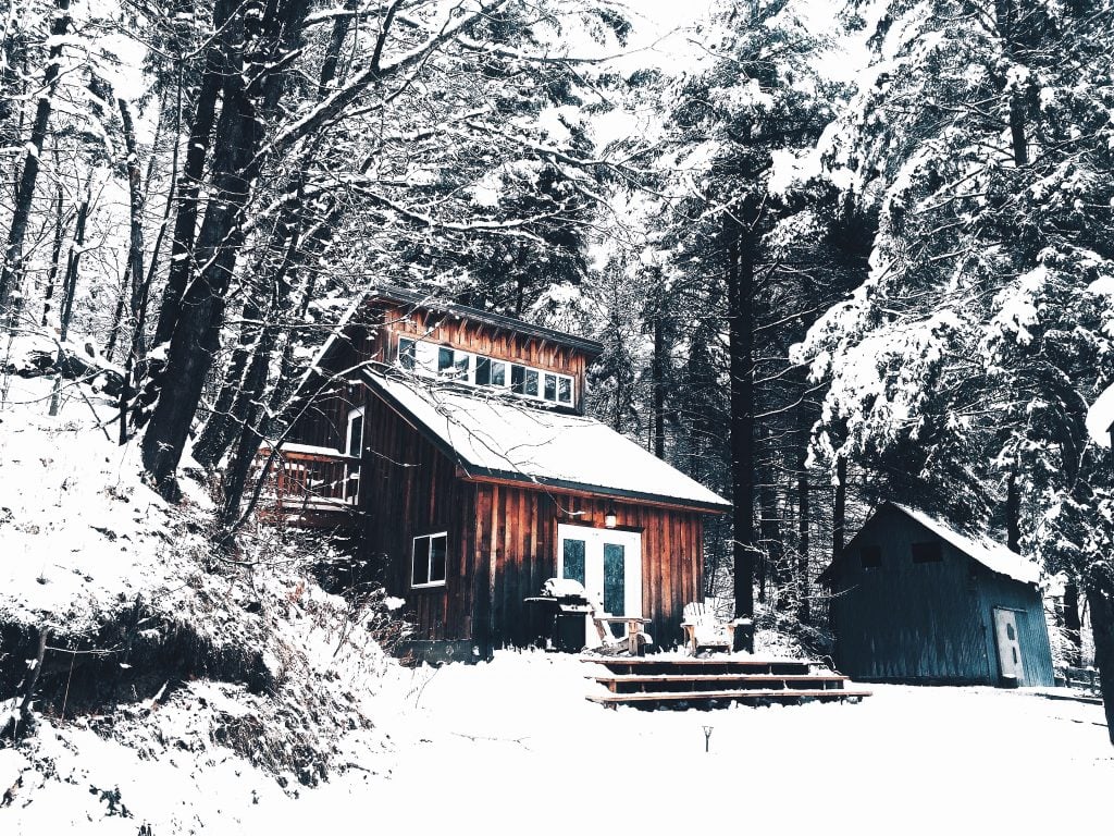 Log cabin in Muskoka forest during winter